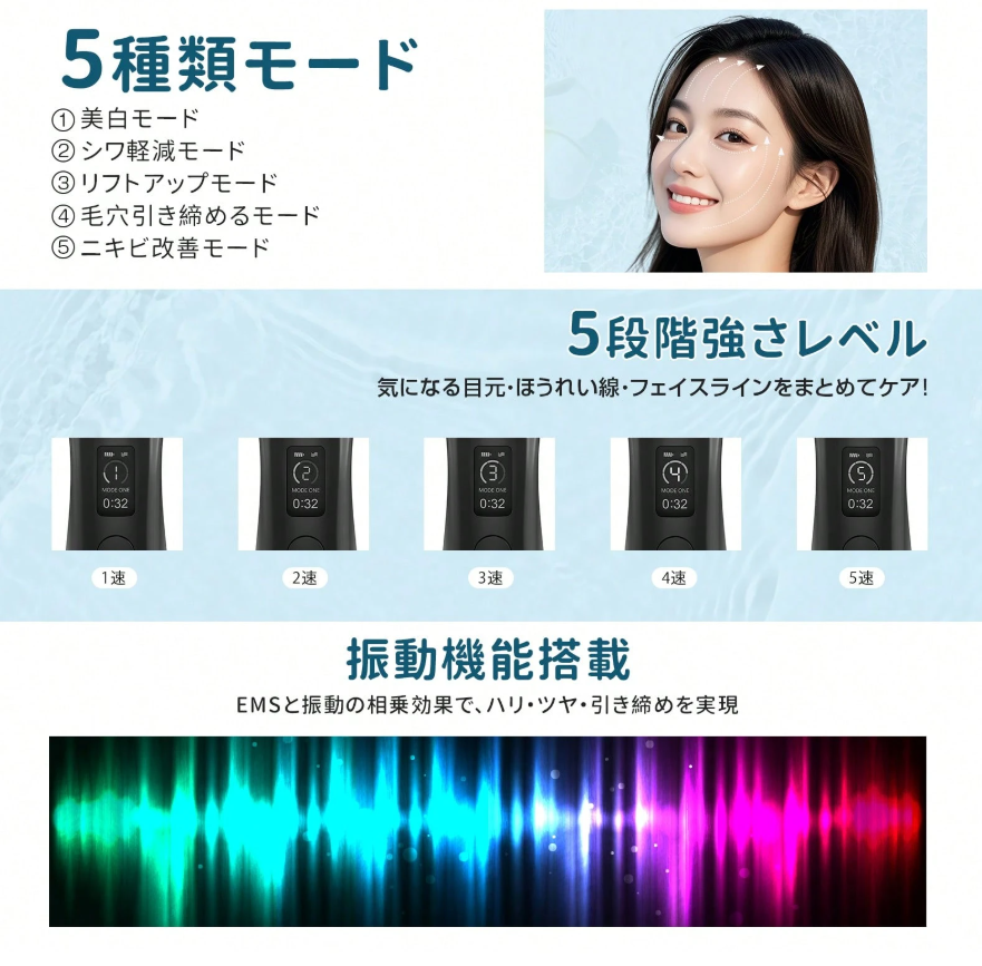 BeautyPulse™ EMSフェイシャルビューティーデバイス 自宅で簡単リフトアップケア  USB充電式・軽量フェイシャル美顔器